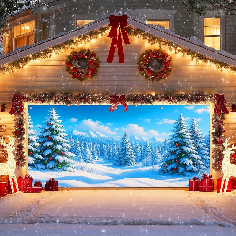 IVN Christmas Garage Door Cover Decoration 13x6ft Snow Covered Pine Trees Blue Mountain Forest Scene Merry Christmas Winter Garage Door Banner Home Door Front Yard Decor for Xmas Eve Holiday Outdoor - Image 1